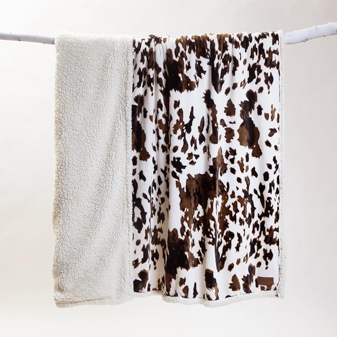 Carstens, Inc. Wrangler Ultra Premium Super Soft Plush Sherpa Fleece Oversized Throw Blanket 54" x 68", Tri-Color Cowhide