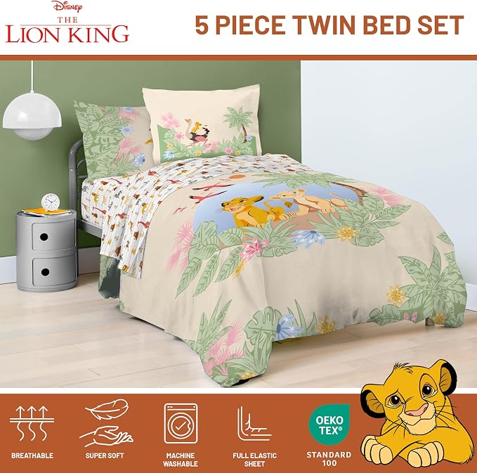 Disney Lion King Simba Twin Comforter Set 5 Piece Kids Bedding, Multi | Safari Animal, Comforter Sheets Sham Pillowcase, Official Brand, Soft Microfiber, Machine Washable, Easy Care, Kids Gift