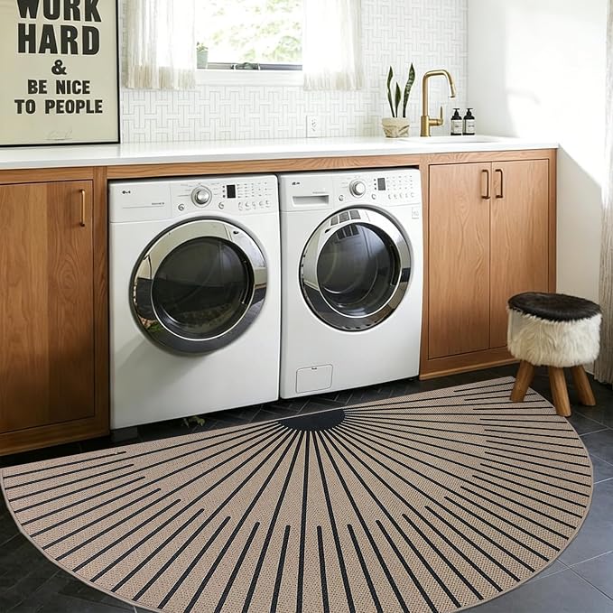 Easy Jute Rug 3x6Ft Half Circle Sunshine Doormat Neutral Faux Jute Indoor Outdoor Sun Carpet for Farmhouse Bedroom Entrance Balcony Kitchen Laundry Room, Nonslip, Half Round, Black 7