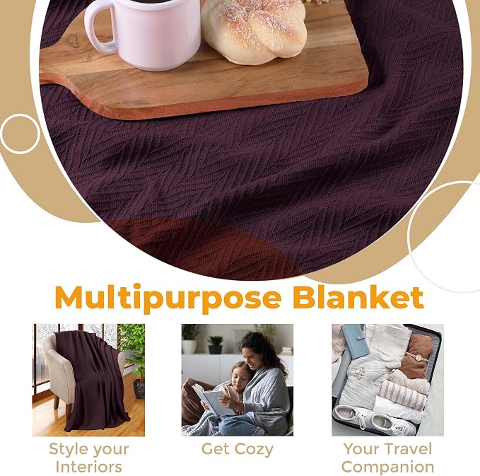 Superior Metro All-Season Cotton Blanket, Woven Blanket for Couch, Bed, Bedding, Farmhouse, Home Essentials, Cute and Cozy Bohemian Blankets, Herringbone Weave, Twin Size, Plum
