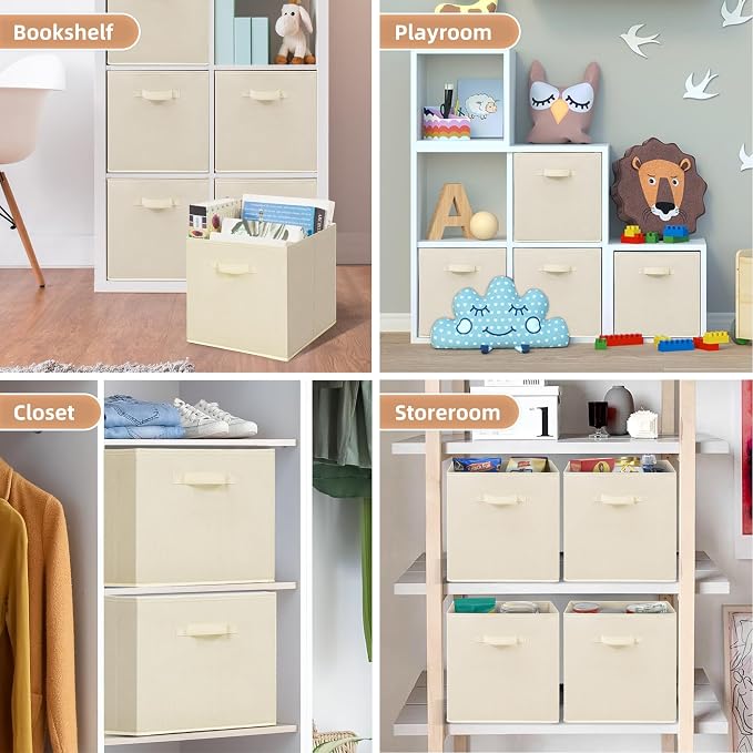 STORAGE MANIAC Storage Cubes, 13 Inch Collapsible Storage Bins with Handles, 4 Pack Fabric Foldable Bins for Organization, Durable Storage Bins for Closet, Shelves, Offices, 4-Pack Beige