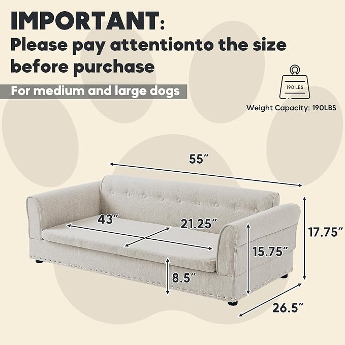 Elevated Dog Sofa for Medium to Large Dogs, Button Tufted Dog Couch Bed with Backrest and Armrests, Durable Memory Foam Pet Bed, Removable Cushion for Medium and Large Dogs, Beige