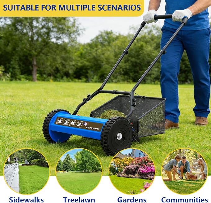 16-Inch Reel Lawn Mower with Grass Catcher and Tool-Free Blade Adjustment, 5-Blade Manual Push Lawn Mower, 5-Position Height Adjustable