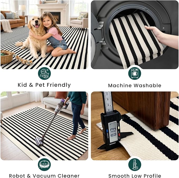 KOZYFLY Beige and Black Rug 5x8 ft Area Rug Woven Washable Striped Rugs Cotton Farmhouse Indoor Outdoor Rugs for Living Room Bedroom Entryway Porch Patio Carpet
