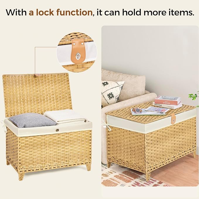 Wicker Storage Basket with Lid, 200L Storage Bin with Removable Liner Bag | Rattan-Inspired Shelf Basket Design, Storage Trunk with Heightened Feet, Wardrobe Storage Container & Home Organizer