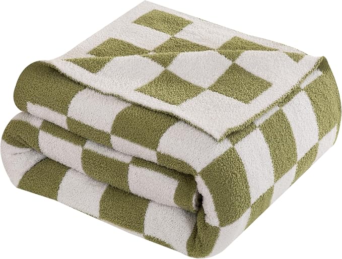 Elegant Comfort Checkered Throw Blanket, Sage Green Super Soft Cozy Fluffy Warm Throw Blankets for Couch, Sofa, Chair, Bed, Camping, Picnic, Travel Lightweight Bed Blanket (50" x 70")