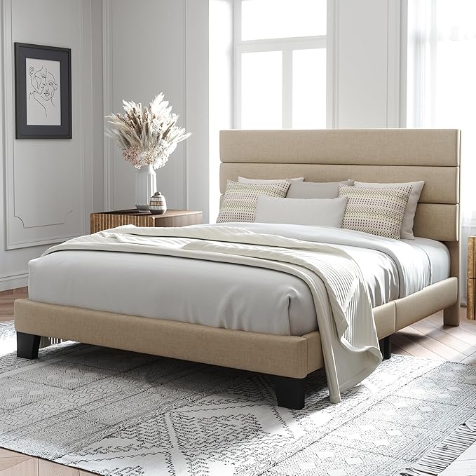Allewie Full Size Platform Bed Frame with Fabric Upholstered Headboard | Wooden Slats Support, Fully Upholstered Mattress Foundation, No Box Spring Needed, Easy Assembly, Noise-Free, Beige