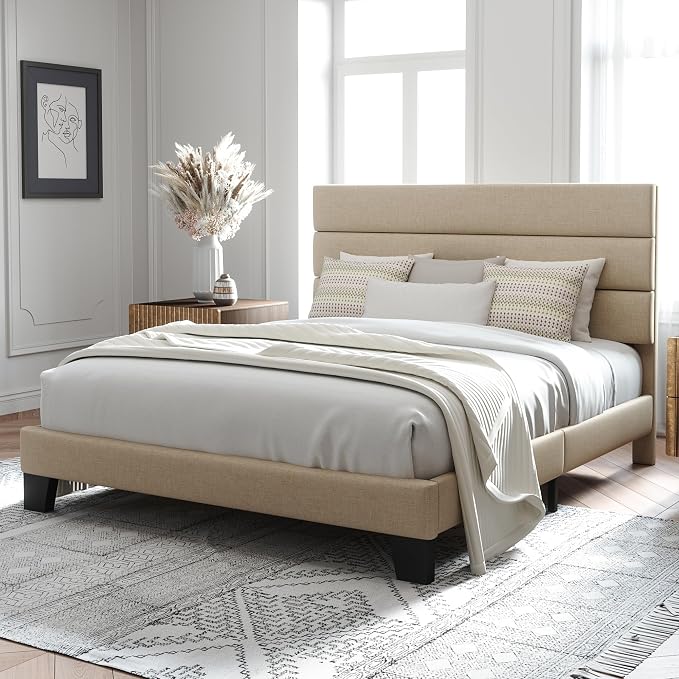 Allewie Queen Size Platform Bed Frame with Fabric Upholstered Headboard | Wooden Slats Support, Fully Upholstered Mattress Foundation, No Box Spring Needed, Easy Assembly, Noise-Free, Beige