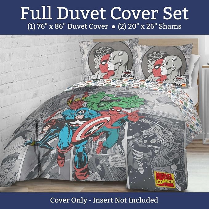 Jay Franco Kids Duvet Cover Set – 3 Piece Super Soft Bedding with Sham Pillowcase, Cover ONLY Comforter Not Included, Grey - Marvel Comics, Full