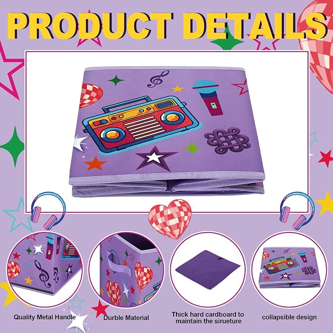 Bokon 2 Pcs Kpop Party Favors 11 Inch Storage Bins Fabric Foldable Storage Basket with Handles Organizing Boxes for Kpop Disco Dance Music Party Decorations