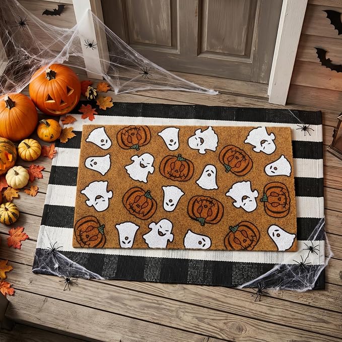 Moucuny 2 Pcs Halloween Coir Doormat Outdoor Cute Ghost Pumpkin Welcome Mat, Black and White Stripe Rug Halloween Outdoor Doormat for Front Door Porch Entryway Decor, 16'' x 28'', 24'' x 35''