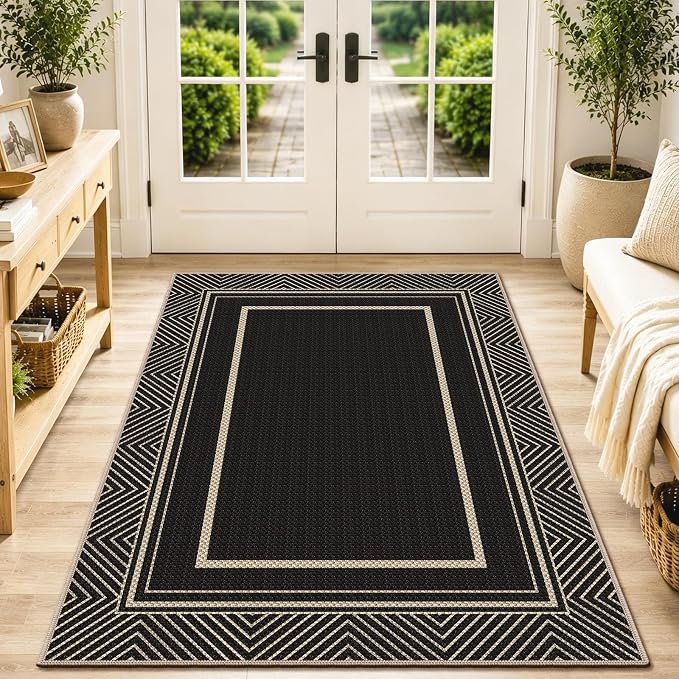 Capslpad Faux Jute 3x5 Area Rug, Geometry Line Patio Rug, Washable Front Porch Rug, Farmhouse Non-Slip Entryway Rugs for Indoor Outdoor, Black Base