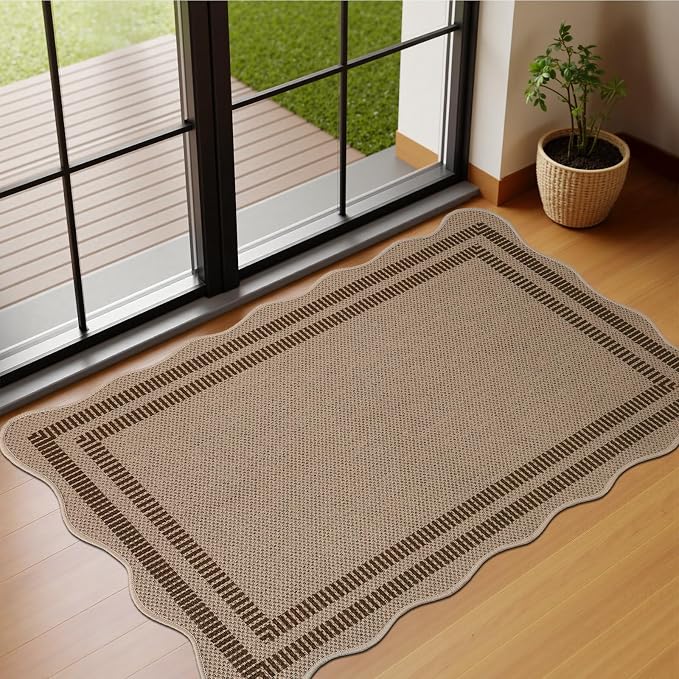 EDIMENS Easy Jute Rug Entryway Rug, 2x3 Front Door Mat Small Entryway Non-Slip Washable Area Rug, Low Pile Black Indoor Outdoor Farmhouse Scalloped Doormat for Entrance Entry Porch Doorway