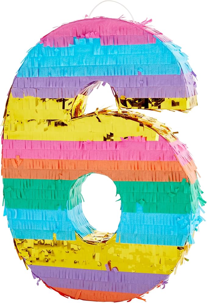 BLUE PANDA Rainbow Number 6 Pinata - Sturdy Corrugated Build & Easy Hang for Fiesta Party - Candy Filled 6th Birthday Party Surprise - Vibrant Tie-Dye Items for Kids - Small (16.5x11x3 In), Blue/White