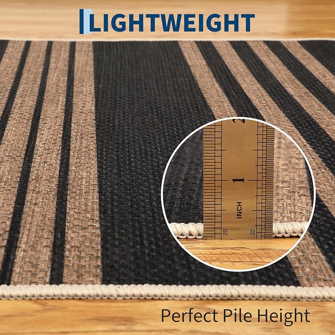 COZYLOOM Washable Living Room Rugs 8x10 Striped Easy Jute Rug with Non Slip Backing, Modern Stain Resistant Farmhouse Rugs for Patio Non Shedding Mats for Dining Room, Bedroom, RV, Black/Coffee