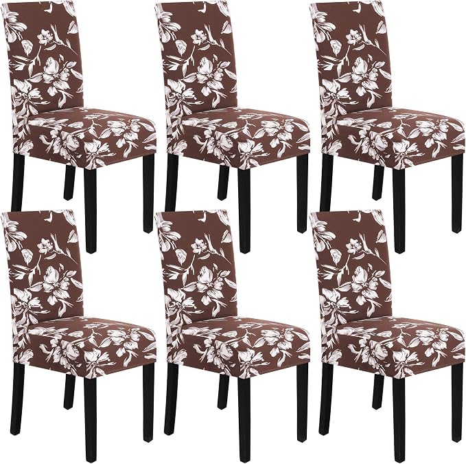 H.VERSAILTEX Stretch Dining Chair Covers Set of 6 Chair Covers for Dining Room Parsons Chair Slipcover Chair Protectors Covers Dining, Feature Modern Floral Printed Design, Chocolate