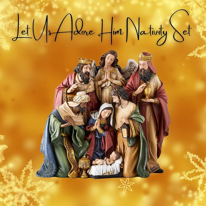 Christmas Nativity Sets Indoor Home Decor Figurine, Hand Sculpted Manger Scene Religious Christmas Table Top Decorations for Holidays, 8.75 Inches