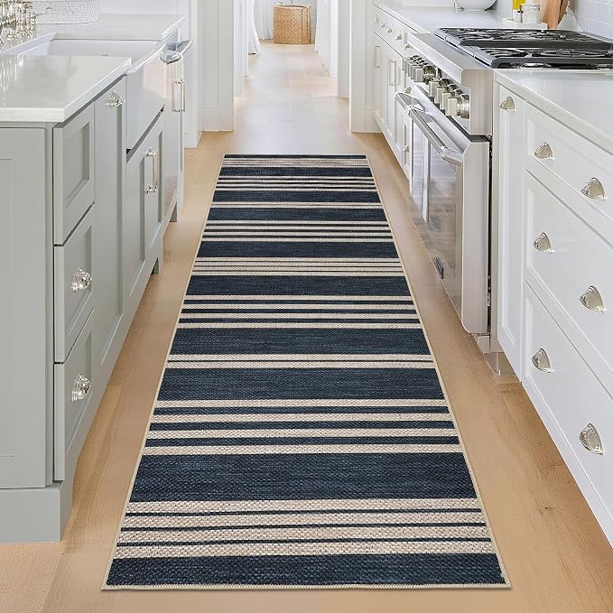 COZYLOOM Geometric Area Rugs 2x6 Runner Rug for Hallway Non Slip Stain Resistant Rug for Kitchen Modern Striped Non Shedding Low Pile Door Mats for Bathroom Bedroom Entryway Laundry Room, Navy Blue