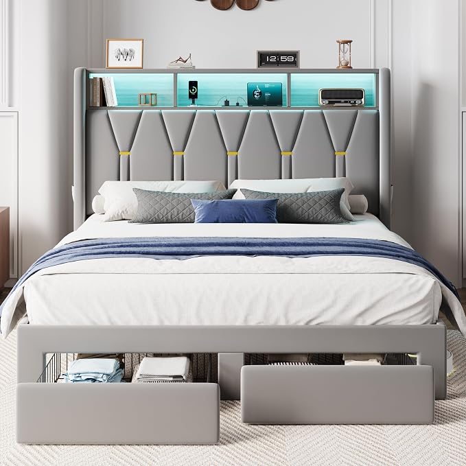SHA CERLIN Full Velvet Platform Bed Frame with 2 Storage Drawers, LED Storage Headboard with Charging Station, Upholstered Wingback Headboard, Noise-Free, No Box Spring Needed, Easy Assembly, Grey