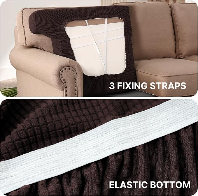 H.VERSAILTEX Stretch 3 Piece T Cushion Sofa Slipcovers Individually Sofa Cushion Covers for 3 Cushion Couch Sofa Seat Cushion Covers with Elastic Bands Featuring Thicker Jacquard Fabric, Chocolate