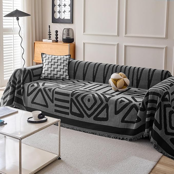 HANDONTIME Boho Geometric Couch Covers for Sofa Pet Friendly Dark Grey and Black Sofa Covers Washable Chenille Couch Blanket Cover for 3 Cushion Couches Pet Protector Furniture Cover Soft, 71" X 150"