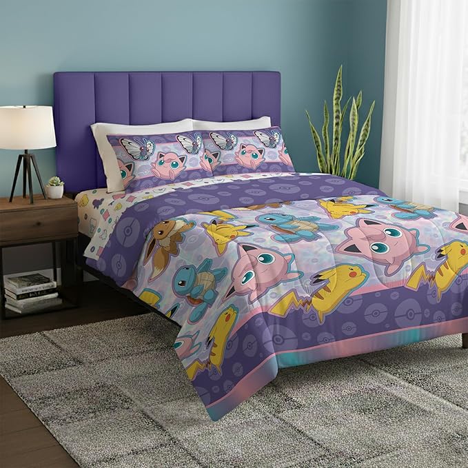 Northwest Pokemon Friendly Battle Full Size Bed in a Bag Set, Pikachu Eevee Jigglypuff Squirtle, Kids Boys Girls Bedding Comforter Sheets