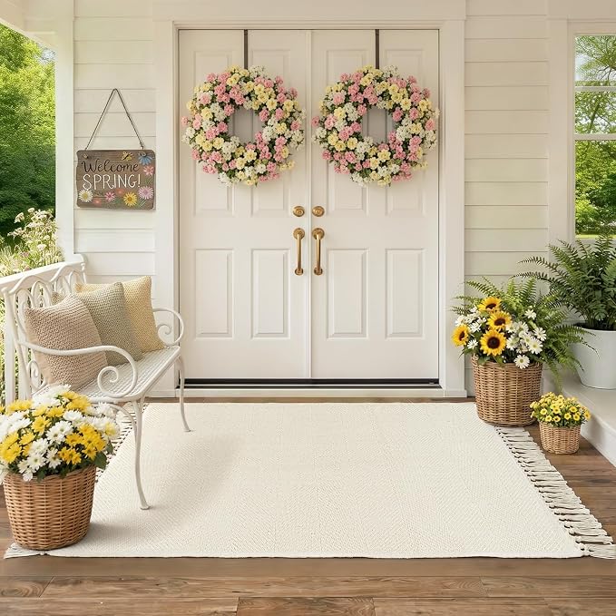 Collive Washable Area Rug 3' x 5', Modern Woven Kitchen Rugs, White/Beige Braided Rug Indoor Door Mat Throw Carpet for Entryway Living Room Nursery Mudroom Laundry Room