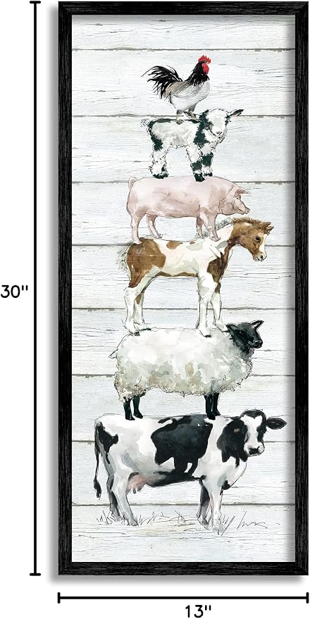 Stupell Industries Country Farm Animal Stack Cow Sheep Pig Rooster, Designed by Carol Robinson Black Framed Wall Art, 13 x 30, Multi-Color