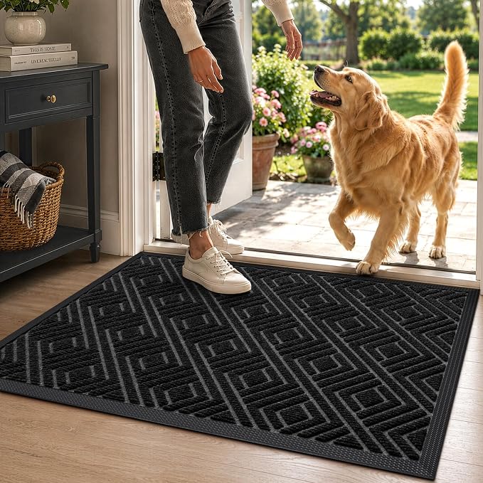 DEXI Front Door Mat Outside Entrance, 17x30 Heavy Duty Entry Doormat Dirt Trapper with Rubber Back, Non Slip Low Profile Floor Mats for Entryway Exterior Patio, Checkered Black