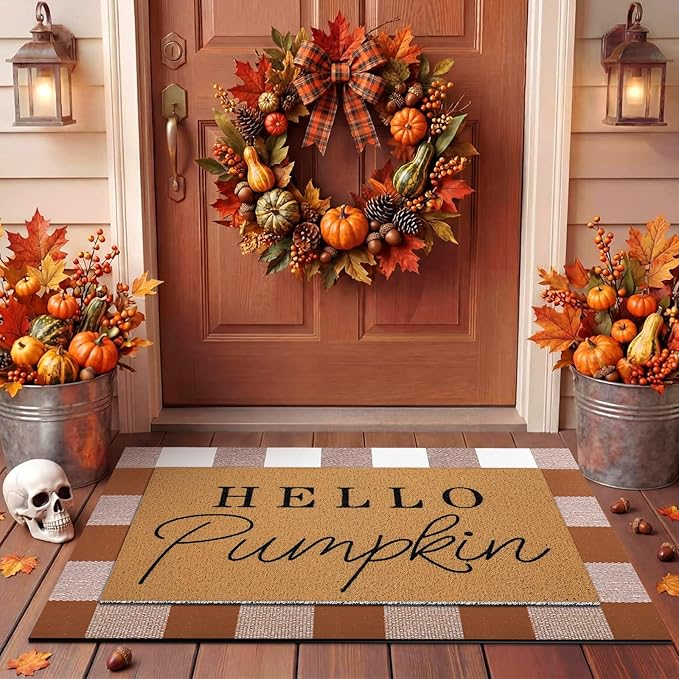 Tinideya 2 Pcs Door Mat Welcome Non Slip Coir Mats Floor Layering Doormats Seasonal for Front Porch Entryway Decor(Brown White Plaid)