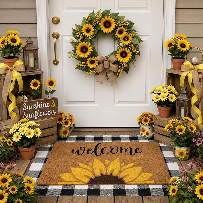 Tinideya 2 Pcs Summer Door Mat Sunflower Welcome Non Slip Coir Mats Floral Buffalo Plaid Floor Layering Doormats for Home Front Door Porch Entryway Decor