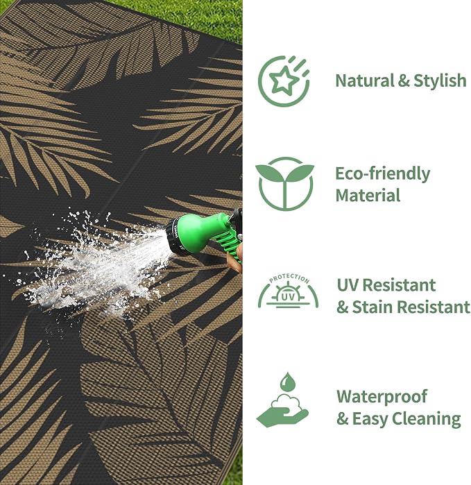 GENIMO Outdoor Rug, Waterproof Plastic Rugs 10'x14' for Camping Black Brown | Outside Larger Leaf Carpet Mat for Porch Decor, Deck, Camping, RV, Backyard, Balcony, Picnic, Beach, Reversible, Foldable