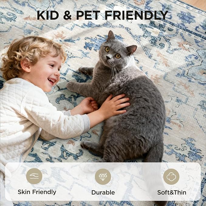Joydeco 6x9 Area Rugs for Living Room Vintage, Blue&Grey | Non Slip Machine Washable Low Pile for Bedroom Dining Room Home Office Pet & Child Friendly