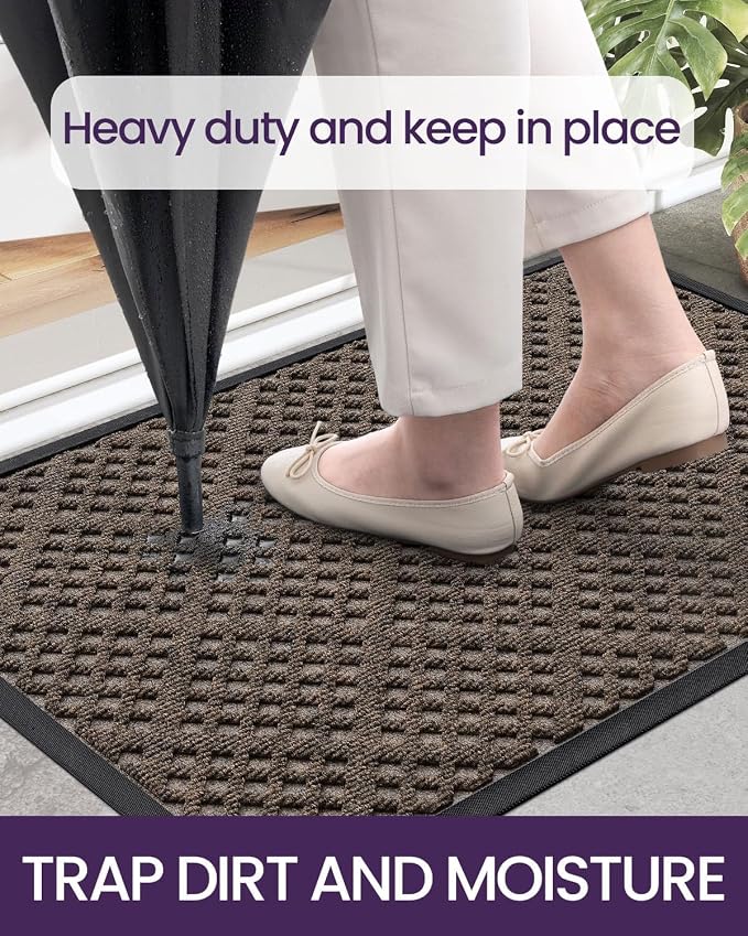 DEXI Front Door Mat Outside Entrance, 2x3 Heavy Duty Entry Doormat Dirt Trapper with Rubber Back, Non Slip Low Profile Floor Mats for Entryway Exterior Patio, Rhombic Brown