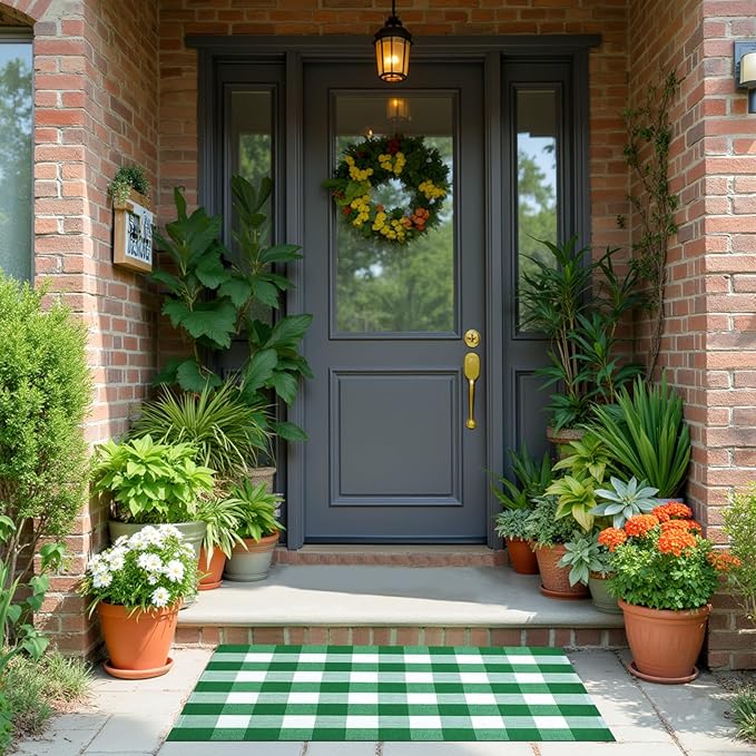 Buffalo Plaid Area Rug, Checkered Rug 3x5 Ft, Green and White Rug, Washable Cotton Mat for Front Porch, Entryway, Kitchen, Living Room, Home Decor