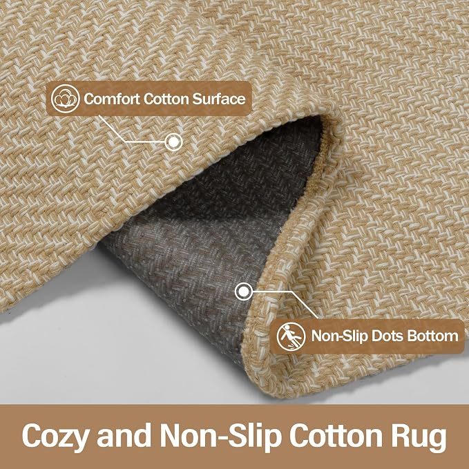 Rugalia Washable Woven Indoor Outdoor Runner Rug, 2x5 Natural Beige Cotton Rug Runners for Hallway Non-Slip Entryway Runner Rugs, Modern Neutral Throw Carpet for Kitchen Porch Entrance