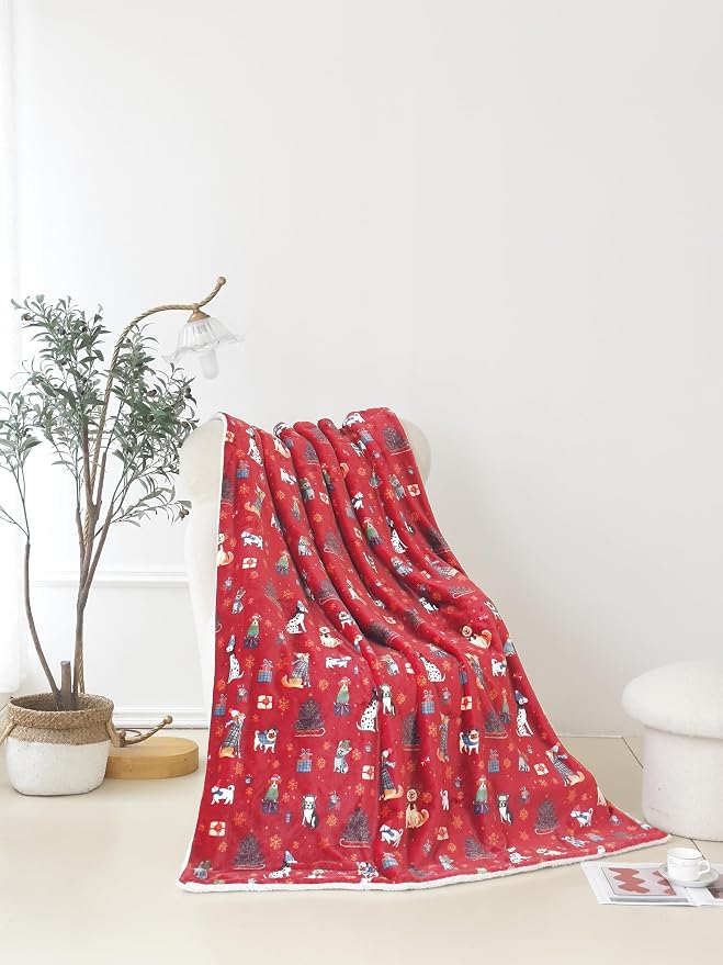 Elegant Comfort Reversible and Ultra-Plush Flannel Fleece-Winter Christmas Sherpa Throw- Lightweight Soft and Cozy-Holiday Decorative Throw, Perfect for Lounging, 50 x 60 inches, Winter Dogs