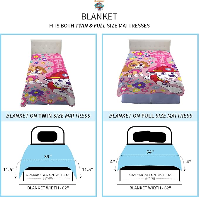 Paw Patrol Girls Kids Bedding Super Soft Plush Micro Raschel Blanket, 62 in x 90 in, (Official) Nickelodeon Product By Franco