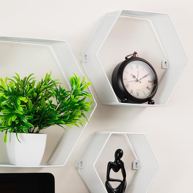 Mind Reader Hexagon Floating Shelves, Wall Decor, Honeycomb Accent Shelf, Office, Metal Mesh, 14" L x 4" W x 12" H, Set of 3, White