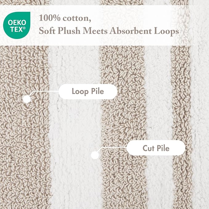 Madison Park Spa Cotton Bath Rug Absorbent Plush Striped, 24 x 72, Taupe | Soft Pile, Machine Washable, OEKO-TEX Certified