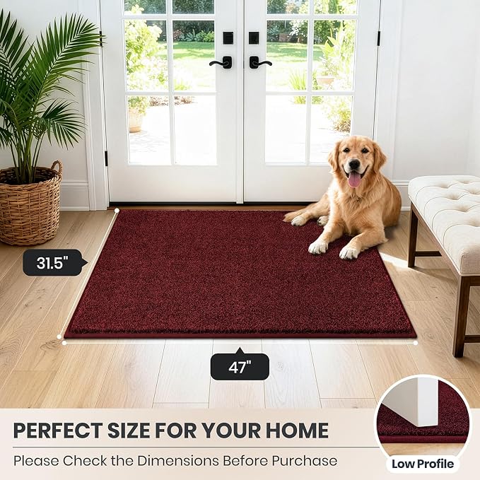 PURRUGS Dirt Trapping Door Mat 31.5" x 47", Non-Slip Machine Washable Entryway Rug, Dog Doormat, Indoor Front Door Mat, Super Absorbent Entry Rug for Muddy Shoes & Paws, Burgundy Red