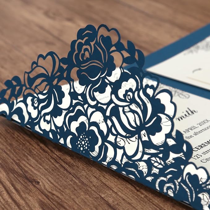 DORIS HOME Laser Cut Wedding Invitation Pockets, Blue, 5"x7" | 50pcs, With Envelopes, For Wedding & Anniversary, No Inserts Included