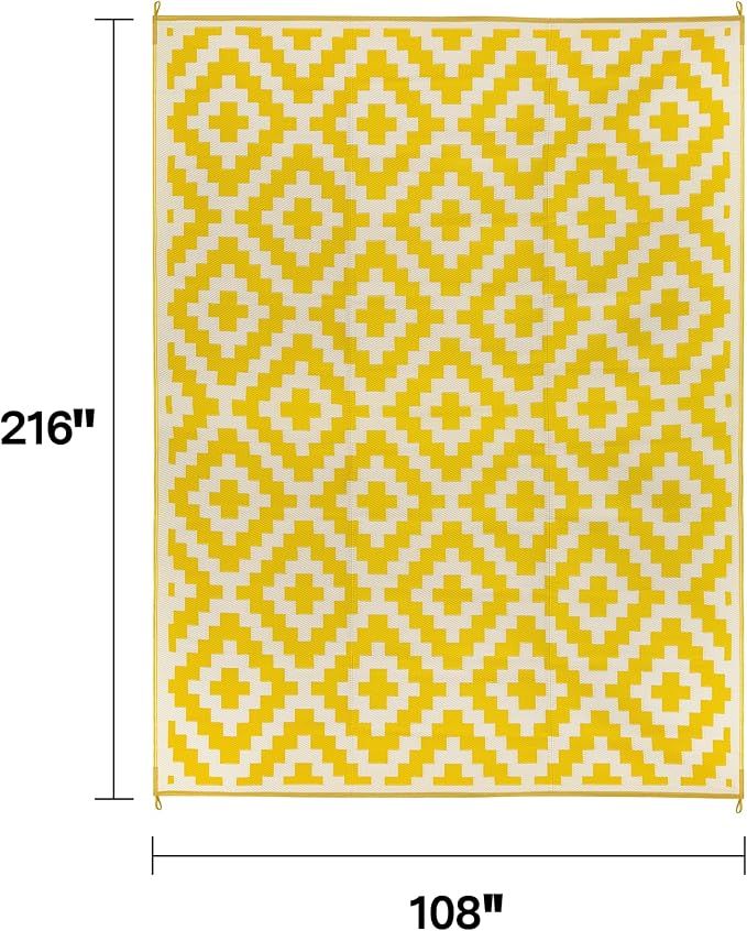 FH Home Outdoor Camping Rug - Waterproof, Fade Resistant, Reversible - Premium Recycled Plastic - Geometric - Large Patio, Deck, Sunroom, RV - Aztec - Yellow & White - 9 x 18 ft Foldable
