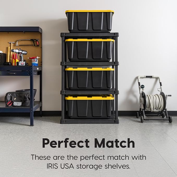 IRIS USA 2-Pack 27 Gal Heavy Duty Storage Tote Bins with Lids, Black/Yellow | Large-capacity design handles moving, camping gear and bulky equipment, Stackable shape maximizes garage storage