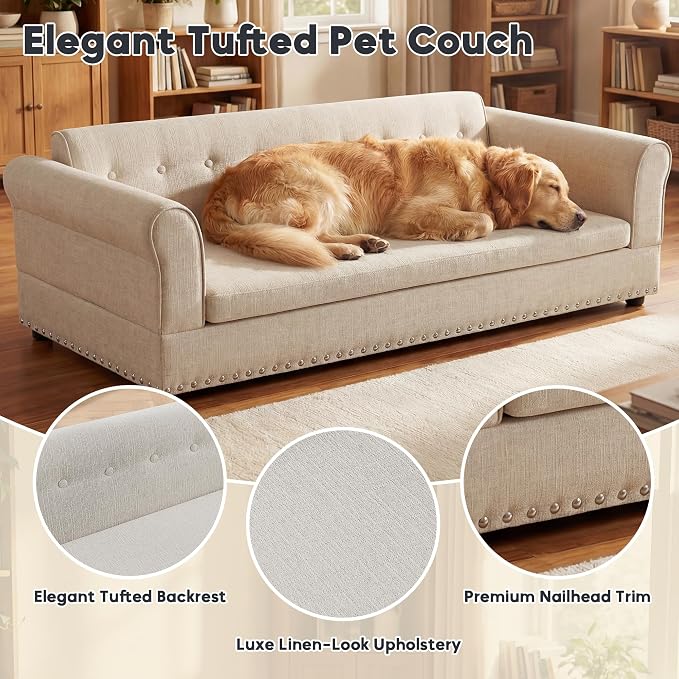 55" Dog Sofa for Medium to Large Dogs, Button Tufted Dog Couch Bed with Backrest and Armrests, Durable Memory Foam Pet Bed, Removable Cushion for Medium and Large Dogs,Beige
