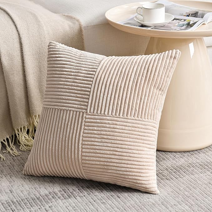 Fancy Homi 2 Packs Tan Euro Decorative Throw Pillow Covers 28x28 Inch for Living Room Couch Bed, Farmhouse Boho Home Decor, Soft Corss Corduroy Patchwork Textured Square Beige Cushion Case 71x71 cm