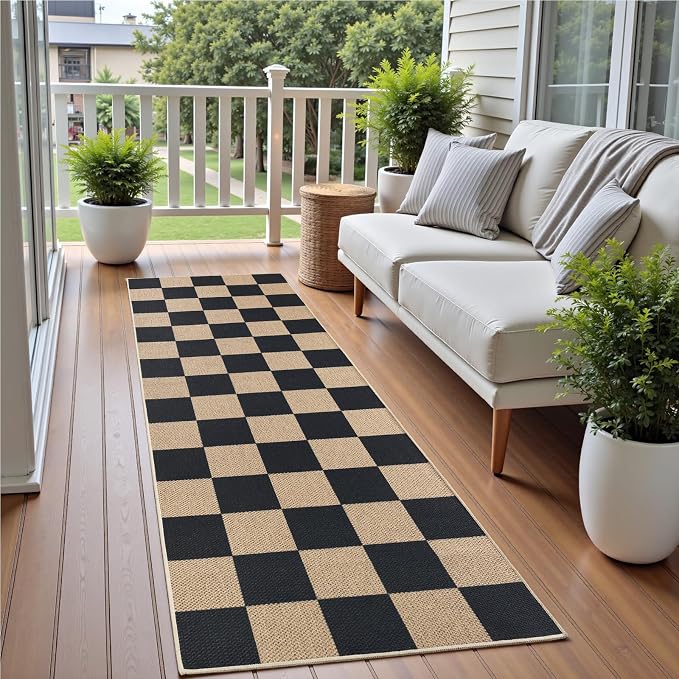 EDIMENS 2x6 Checkered Easy Jute Washable Kitchen Indoor Outdoor Runner Rug | Non Slip Front Door Runner Rug for Laundry Balcony Low Pile Rugs Black Checkerboard Carpet for Hallway 6ft Entry