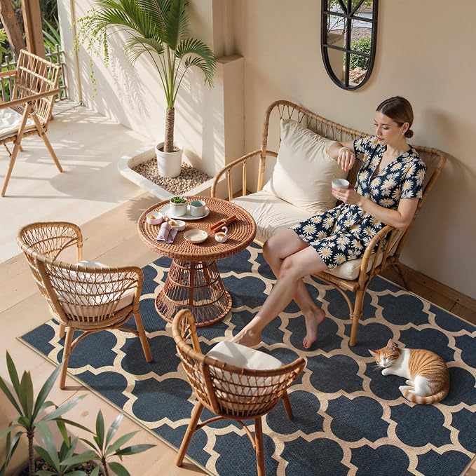 Lahome Moroccan Outdoor Rug 5x7, Easy Jute Blue Washable Rugs for Patio Living Room Outdoor Decor, Geometric Woven Area Rug Non Slip for Backyard, Thin Farmhouse Carpet for Bedroom Dining Room