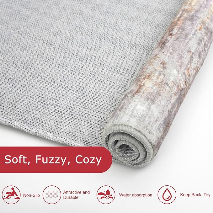 KOZYFLY Abstract Modern 3x5 Ft Area Rug in Multi Grey/Orange - Non-Slip and Machine Washable Indoor Rug, Versatile for Entryway, Kitchen, Living Room, Bedroom, Laundry Door Mat