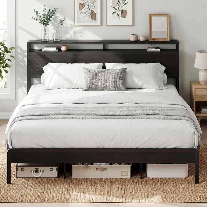 LIKIMIO California King Bed Frames with 2-Tier Storage Shelf Headboard | Dark Wood Platform Bed, Camas California King with Strong Metal Supports,Sturdy,Noise-Free,No Box Spring Needed,Classic Black